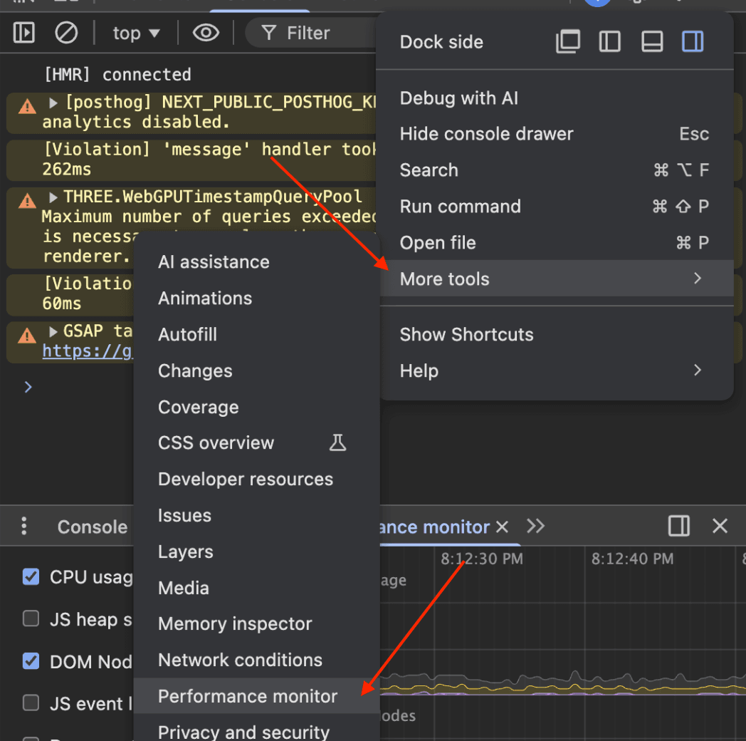 Chrome DevTools menu showing More tools > Performance monitor